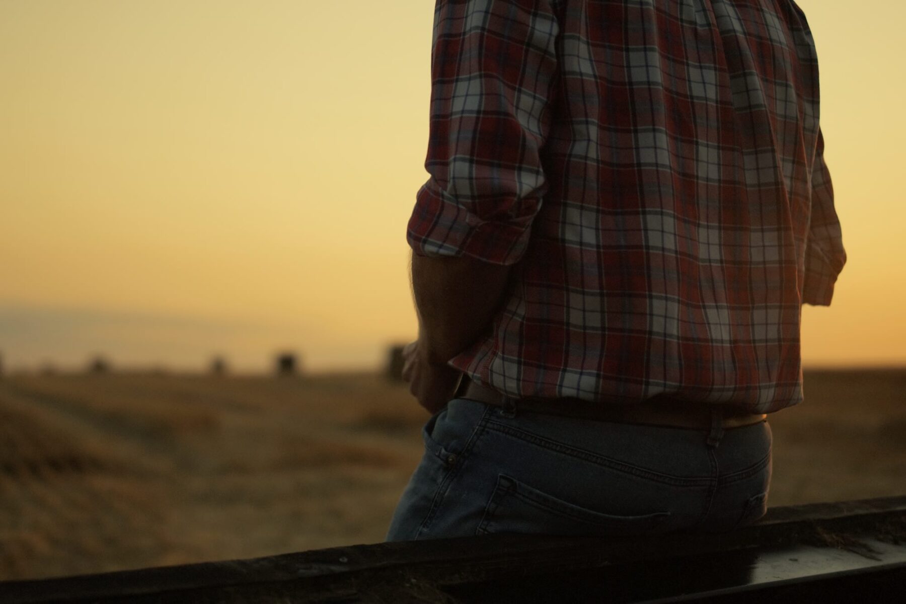 Unknown farmer owner looking haystack wheat field after harvesting at sunset farmland. Unrecognizable man agronomist worker inspect examine dry bale at morning sunrise. Modern farming concept.