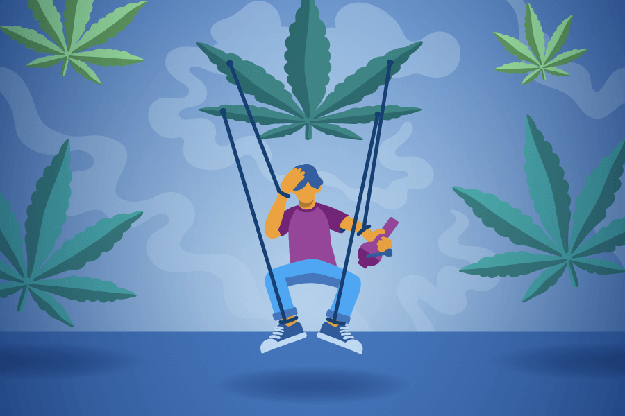 araffe on a swing with a skateboard and a marijuana leaf