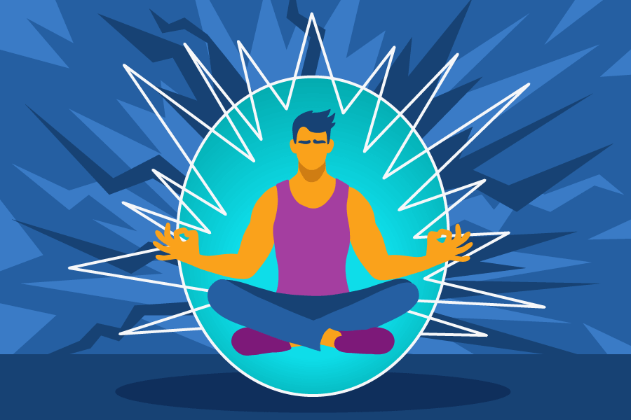 there is a man sitting in a lotus position with his hands in the air