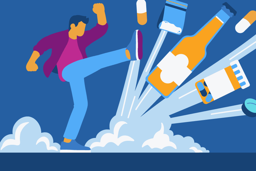 illustration of a man kicking a bottle of beer with a rocket in the background