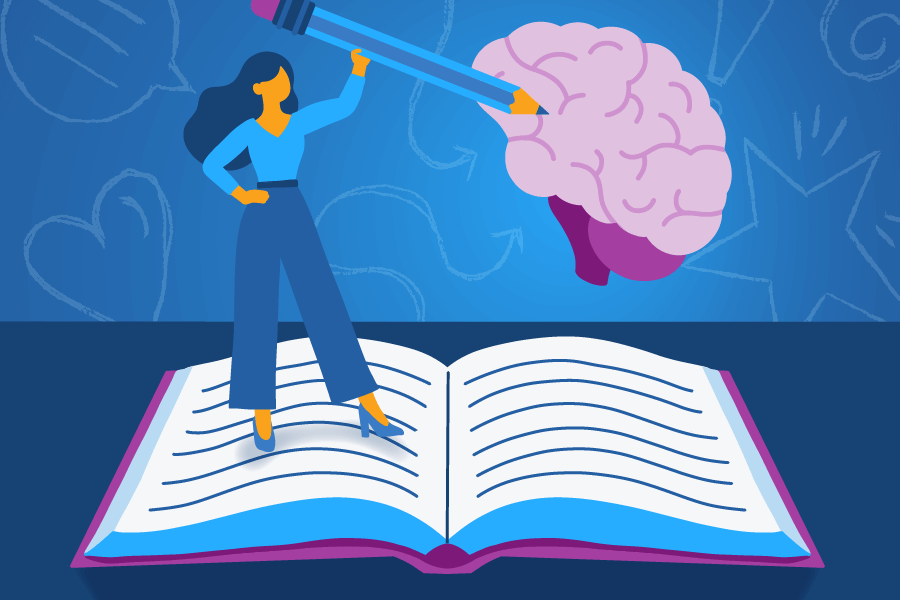 illustration of a woman holding a giant pencil and a brain on a book