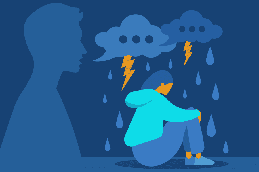 illustration of a person sitting on the ground with a cloud and lightning