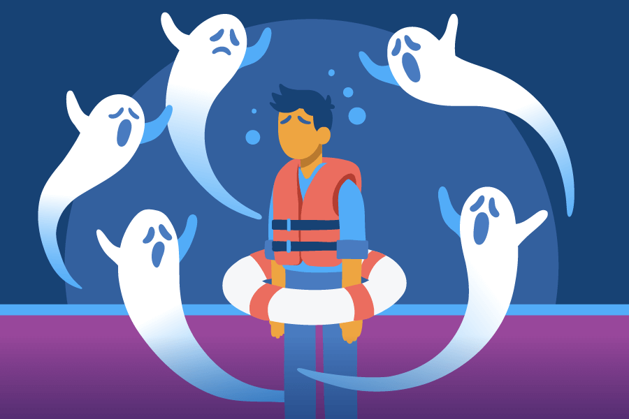 illustration of a man in a life jacket sitting on a life preserver surrounded by ghosts