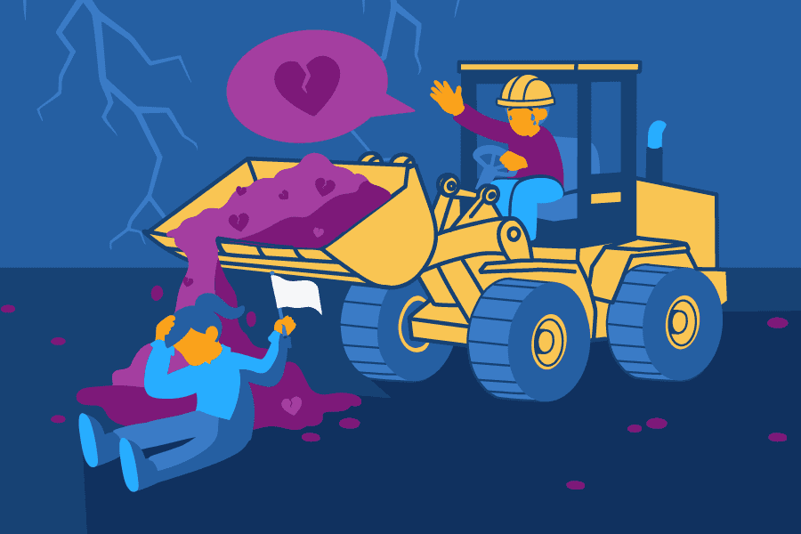 illustration of a man and woman in a bulldozer with a heart balloon